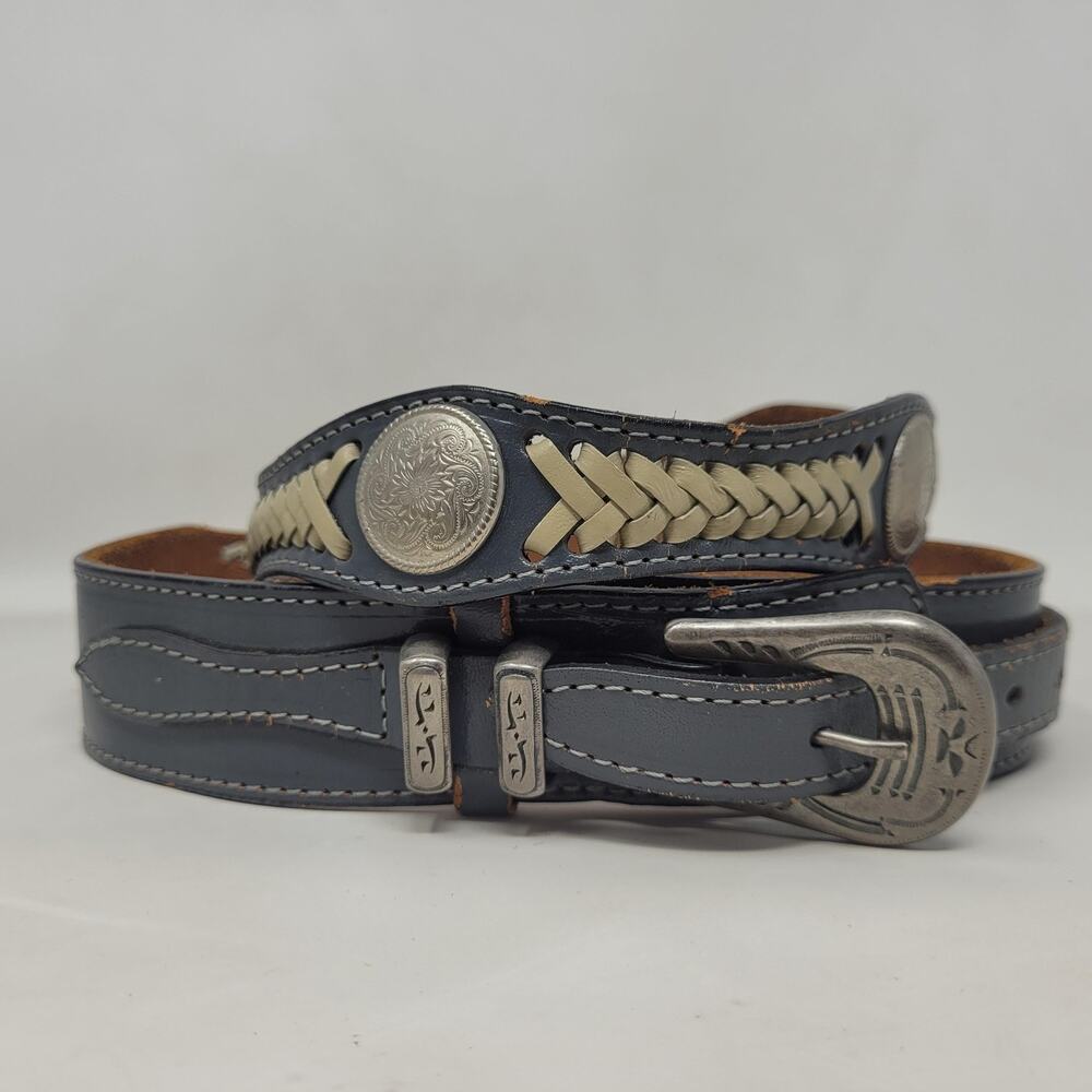 Vintage Tex Tan Belt 40 Blue Leather Western Concho Braided Laced Cowboy USA‎